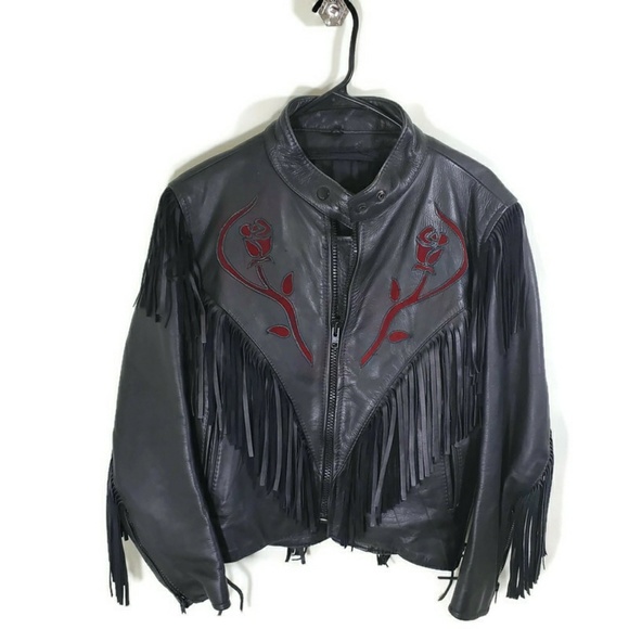 Vintage Black Leather Jacket with Red Embroidery - Picture 1 of 8